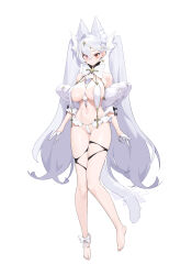 1girl absurdres animal_ears barefoot blue_hair cat_ears cat_tail earrings full_body gloves highres iak jewelry long_hair original red_eyes simple_background solo tail twintails very_long_hair white_background white_gloves