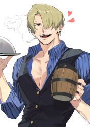 1boy beer_mug black_vest blonde_hair blue_shirt cigarette cup curly_eyebrows facial_hair hair_over_one_eye highres lucis0407 male_focus mug mustache_stubble one_piece open_clothes open_shirt plate sanji_(one_piece) shirt smoking solo stubble vest