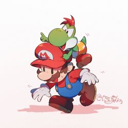 2boys :d arm_up artist_name black_eyes blue_overalls brown_footwear brown_hair carrying facial_hair gloves hanaon hat highres index_finger_raised long_sleeves male_focus mario mario_(series) mini-yoshi multiple_boys mustache nintendo open_mouth overalls paper_mario paper_mario:_the_thousand_year_door paper_mario_(character) piggyback pointing red_footwear red_hair red_hat red_shirt shirt shoes short_hair signature simple_background smile solid_oval_eyes v-shaped_eyebrows walking white_background white_gloves yoshi