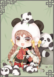 1girl animal animal_on_head bad_id bad_weibo_id bamboo_print black_dress border bow braid brown_eyes brown_hair brown_pupils character_request chibi chinese_clothes dress eyelashes green_background grey_border hair_through_headwear hat hat_bow highres kneeling leg_up light_particles long_hair long_sleeves looking_ahead low_twin_braids miracle_nikki muxi_jiang nikki_(series) on_head panda panda_hat pom_pom_hat_ornament red_tabard red_thighhighs ribbon rock short_dress sleeves_past_fingers sleeves_past_wrists solo tabard tassel thighhighs twin_braids very_long_hair watermark weibo_watermark white_hat white_ribbon white_sleeves yellow_bow