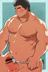 1boy ass bar_censor bara belly black_hair blush censored clothing_aside cowboy_shot erection facial_hair fat fat_man fundoshi fundoshi_aside higemorigen highres japanese_clothes large_pectorals male_focus male_underwear muscular navel nipples original pectorals penis precum short_hair sideburns solo stubble thick_eyebrows thick_thighs thighs topless_male underwear underwear_only undressing veins veiny_penis white_male_underwear