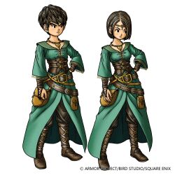 Rule 34 | 1boy, 1girl, artist request, belt, black eyes, bob cut, boots, brown boots, brown bridal gauntlets, brown corset, brown hair, brown pants, circlet, collarbone, concept art, corset, dragon quest, dragon quest x, full body, green robe, hand on own hip, hero (dq10), heroine (dq10), jewelry, looking to the side, multiple belts, necklace, official art, pants, parted hair, robe, short hair, third-party source, white background