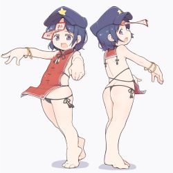 1girl alternate_costume ass barefoot black_panties blue_hair blue_headwear commentary_request fang flat_chest from_behind full_body grey_background hat highres looking_at_viewer miyako_yoshika multiple_views open_mouth outstretched_arms panties purple_eyes short_hair simple_background skin_fang standing star_(symbol) touhou turnip_kabura underwear white_background zombie_pose