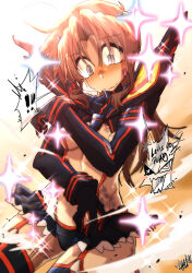 ! !! 1girl absurdres bandage_on_face bandages bandaid bandaid_on_face breasts brown_hair cosplay ed-chan_(edkuroki) edkuroki english_text grey_eyes hair_intakes highres kill_la_kill matoi_ryuuko matoi_ryuuko_(cosplay) medium_breasts messy_hair microskirt original revealing_clothes senketsu signature skirt solo sparkle suspenders underboob wavy_mouth