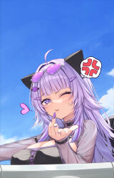 1girl anger_vein black_shirt blowing_kiss blue_sky blunt_bangs breasts cat_girl cleavage cleavage_cutout clothing_cutout commentary_request covered_erect_nipples driving ear_covers eyewear_on_head from_side hair_ornament hairclip hakui_ami heart heart-shaped_eyewear highres hololive large_breasts long_hair long_sleeves looking_at_viewer messy_hair nail_polish nekomata_okayu nekomata_okayu_(personya_respect) official_alternate_costume official_alternate_hairstyle one_eye_closed outdoors puckered_lips purple-tinted_eyewear purple_eyes purple_hair purple_nails see-through_clothes see-through_shirt see-through_sleeves shirt sky solo spoken_anger_vein sweatdrop tinted_eyewear virtual_youtuber