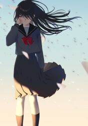 1girl absurdres black_hair black_sailor_collar black_skirt black_socks bow bruise bruise_on_face closed_mouth commentary_request crying crying_with_eyes_open floating_hair grey_shirt highres injury long_hair long_sleeves looking_to_the_side morito_aoi original pleated_skirt puffy_long_sleeves puffy_sleeves red_bow red_eyes sailor_collar school_uniform serafuku shirt skirt socks solo standing tears
