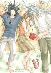 00s 1girl 2000s 2boys aerith_gainsborough alternate_costume arms_behind_head barefoot beige_skirt black_hair blanket blue_shirt bracelet braid brown_hair closed_eyes final_fantasy final_fantasy_vii grass grey_pants jewelry long_hair long_sleeves lowres lying medium_hair multiple_boys open_mouth orange_shirt pants parted_bangs pocket radio rendezvous sephiroth shirt shoes unworn_shoes silver_hair sleeping square_enix t-shirt tank_top white_pants white_shirt zack_fair