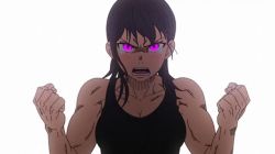 Rule 34 | 1girl, angry, animated, anime screenshot, breasts, en&#039;en no shouboutai, female focus, en&#039;en no shouboutai, glowing, glowing eyes, large breasts, maki oze, medium hair, muscle growth, muscular, muscular female, purple eyes, solo, tears, upper body, video