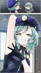 2girls aqua_hair armpits arms_up bang_dream! blue_hat braid breasts commentary cuffs english_commentary green_eyes handcuffs hat highres hikawa_hina hikawa_sayo izami_md long_hair medium_hair multiple_girls open_mouth police_hat shirt siblings side_braids sisters sleeveless sleeveless_shirt small_breasts twins