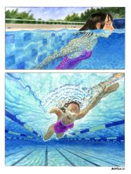 1girl absurdres black_hair bubble closed_eyes highres maroonracoon mouth_submerged mouth_under_water one-piece_swimsuit partially_submerged pink_one-piece_swimsuit pool poolside short_hair submerged swimming swimsuit underwater water