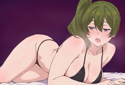 1girl :o armpit_crease bikini black_bikini blush breasts breath collarbone green_hair high_side_ponytail large_breasts looking_to_the_side lying navel on_side open_mouth purple_background purple_eyes raised_eyebrows saliva shibacat13 solo sousou_no_frieren stomach swimsuit thighs ubel_(sousou_no_frieren)