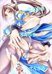 2girls ass ass_grab breasts brown_hair capcom china_dress chinese_clothes chun-li chun-li_(cosplay) cosplay costume_switch crossover dress fan fatal_fury large_breasts long_hair looking_back maruto_(marutohonpo) multiple_girls ninja pantyhose pelvic_curtain ponytail shiranui_mai shiranui_mai_(cosplay) snk street_fighter torn_clothes upskirt view_between_legs