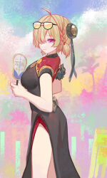 1girl absurdres ass blonde_hair breasts building bun_cover china_dress chinese_clothes closed_mouth colorful_background dress eyewear_on_head hair_bun hand_fan highres holding holding_fan large_breasts long_dress looking_at_viewer multiple_girls purple_eyes short_twintails smile solo standing sunglasses sweety_(zenless_zone_zero) thighs twintails yitai_zhi_meng zenless_zone_zero