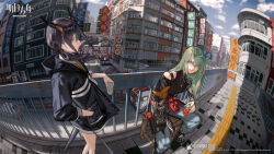 Rule 34 | 2girls, arknights, armband, bench, black jacket, black shirt, blue hair, blue pants, building, can, car, ch&#039;en (arknights), city, cityscape, cloud, copyright name, dragon horns, dragon tail, drink can, fisheye, green hair, highres, holding, holding can, horns, hoshiguma (arknights), hoshiguma (ronin huntress) (arknights), jacket, long hair, motor vehicle, multiple girls, nizuma, official alternate costume, official art, outdoors, pants, railing, red eyes, shirt, sign, single horn, sitting, sky, smile, standing, tail, yellow eyes