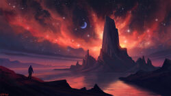 1boy aurora cloud commission facing_away from_behind gradient_sky highres lake landscape moon moonlight mountain nebula night night_sky original painterly planet rock scenery science_fiction sky solo space star_(sky) starry_sky wopgnop
