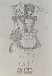 alternate_costume animal_ears apron black_dress cat_ears cat_girl catty_(bone_nigi) dated dress enmaided graphite_(medium) greyscale hatching_(texture) highres kurogai_(bone_nigi) looking_at_viewer maid maid_apron maid_headdress monochrome original pencil self-upload sergent_magnom short_hair signature sketch smile traditional_media tray white_apron