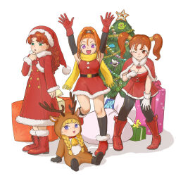 Rule 34 | 4girls, :3, :d, animal costume, antlers, arinsu (kodamamaimai), armpits, arms up, barbara (dq6), bell, black gloves, black pantyhose, blonde hair, blue eyes, boots, braid, breasts, cape, capelet, christmas, christmas present, christmas tree, cleavage, dragon quest, dragon quest vi, dragon quest vii, dragon quest viii, dragon quest xi, dress, earrings, fur-trimmed boots, fur-trimmed capelet, fur trim, gift, gloves, green eyes, hat, highres, horns, jessica albert, jewelry, lace-up boots, long hair, looking at viewer, maribel (dq7), medium hair, multiple girls, neck bell, on floor, one eye closed, onesie, open mouth, orange eyes, orange hair, pantyhose, purple eyes, red boots, red cape, red gloves, reindeer antlers, reindeer costume, santa costume, santa dress, santa hat, scarf, simple background, sitting, sleeveless, sleeveless dress, slime (dragon quest), smile, standing, standing on one leg, teeny sanguini, topknot, triangle mouth, twin braids, twintails, veronica (dq11), wavy hair, white background, white gloves, yellow scarf
