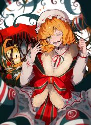 Rule 34 | bow, bowtie, christmas nightmare (e.g.o), e.g.o (project moon), freckles, frilled sleeves, frills, fur-trimmed sleeves, fur trim, green ribbon, hands up, hat, highres, ishmael (project moon), limbus company, long sleeves, mob cap, nakame77, neck ribbon, one eye closed, open mouth, project moon, red bow, red bowtie, red ribbon, red shawl, ribbon, shawl, shirt, simple background, smile, tentacles, white background, white hat, white shirt