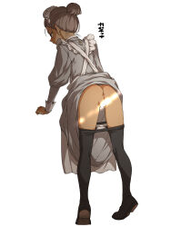 1girl apron ass black_pantyhose brown_hair clothes_lift clothes_pull commentary_request dress dress_lift expressionless from_behind full_body grey_hair gundam gundam_gquuuuuux hair_bun hamao highres kanchana light_censor maid panties panty_pull pantyhose pantyhose_pull simple_background solo underwear
