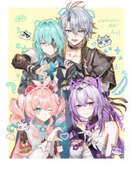 2boys 2girls anaxa_(honkai:_star_rail) aqua_eyes aqua_hair bandages bare_shoulders black_choker black_gloves blue_bow blue_bowtie blue_eyes border bow bowtie castorice_(honkai:_star_rail) chest_sarashi choker eyepatch gloves grey_hair hair_intakes heart heart_hands highres honkai:_star_rail honkai_(series) hyacine_(honkai:_star_rail) looking_at_viewer multiple_boys multiple_girls phainon_(honkai:_star_rail) pink_hair pointy_ears purple_eyes purple_hair sarashi second-party_source shiraki_(y_aira_srk) short_hair thumbs_up white_border yellow_background