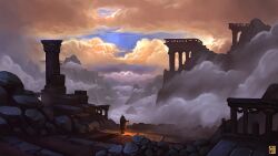 architecture artist_logo building cloud cloudy_sky coat commentary english_commentary fantasy fog from_behind glowing highres holding holding_lantern lantern logo mountain original outdoors rock ruins scenery sky solo stairs standing tower very_wide_shot waltjan