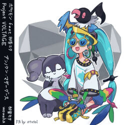 1girl aqua_hair artist_name bird bracelet butterfly_sitting character_name chatot closed_mouth commentary copyright_name earrings fingerless_gloves gen_4_pokemon gen_8_pokemon gloves hatsune_miku highres indeedee indeedee_(female) jewelry long_hair multicolored_pants musical_note nintendo normal_miku_(project_voltage) open_mouth ototoi_(eevees813) pants pokemon pokemon_(creature) project_voltage shirt shoes sitting sneakers song_name sunglasses twintails unknown_mother_goose_(vocaloid) very_long_hair vocaloid white_shirt