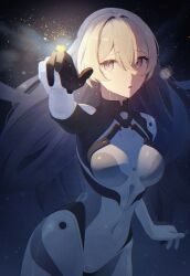 1girl absurdres arm_up blush bodysuit breasts covered_navel crying crying_with_eyes_open ecli_xx firefly_(ar-26710)_(honkai:_star_rail) firefly_(honkai:_star_rail) grey_hair hair_between_eyes hair_intakes hairband highres honkai:_star_rail honkai_(series) large_breasts long_hair long_sleeves mecha_pilot_suit official_alternate_costume open_mouth pink_eyes solo streaming_tears tears white_bodysuit
