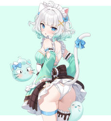 1girl ahoge animal_ears apron ass blue_bow blue_eyes blush bow cat_ears cat_girl cat_tail commentary cropped_legs detached_sleeves dress english_commentary from_behind green_background green_dress green_hair highres hitsukuya indie_virtual_youtuber long_sleeves looking_at_viewer looking_back maid maid_apron maid_headdress medium_hair mint_fantome mole mole_on_ass mole_on_thigh multicolored_hair panties single_thighhigh standing tail tail_bow tail_ornament thighhighs underwear virtual_youtuber waist_apron white_apron white_hair white_panties white_thighhighs wisps_(mint_fantome)