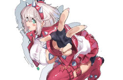1girl ahoge artist_name bent_over bob_cut boots bracelet breasts clover collar dress elphelt_valentine four-leaf_clover guilty_gear guilty_gear_strive hairband highres huanxiang_huifeng huge_ahoge jacket jewelry large_breasts leg_up open_mouth pink_boots pink_collar pink_jacket short_dress short_hair shorts_under_dress sideboob sleeveless sleeveless_dress solo spiked_bracelet spiked_collar spiked_hairband spiked_jacket spiked_legwear_garter spiked_thighlet spikes thigh_boots twitter_username v-shaped_eyebrows white_hair