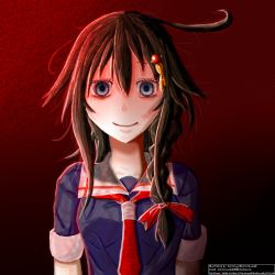 1girl blue_eyes brown_hair crazy_eyes gradient_background horror_(theme) kantai_collection karafawa looking_at_viewer ponytail red_background red_neckwear shigure_(kancolle) smile upper_body what yandere