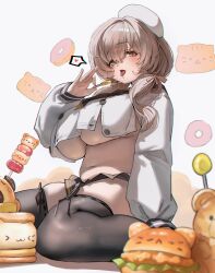 1girl absurdres black_thighhighs bready_(nikke) breasts brown_hair burger food goddess_of_victory:_nikke grey_background hat highres jindogod large_breasts long_sleeves looking_at_viewer medium_hair open_mouth sitting thighhighs tongue tongue_out underboob white_hat