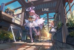 2girls absurdres animal_ears bird black_footwear blue_archive bouquet capelet dove dress flower fox_ears full_body greenhouse hair_bun halo hand_up highres holding holding_bouquet indoors leaf line_(pixiv_59740492) long_hair long_sleeves looking_at_viewer low_wings mika_(blue_archive) multiple_girls open_mouth orange_hair pantyhose pink_hair pink_halo plant potted_plant seia_(blue_archive) shoes single_side_bun smile standing standing_on_one_leg very_long_hair white_capelet white_dress white_pantyhose wings yellow_eyes yellow_halo