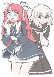 2girls absurdres ahoge arms_behind_back black_dress black_sailor_collar blue_bow blue_eyes bow bowtie buttons cowboy_shot dress expressionless frikuriku02070720 furrowed_brow grey_bow grey_bowtie grey_eyes grey_jacket hair_between_eyes hands_up highres jacket konno_junko leaning_forward long_hair long_sleeves looking_ahead looking_at_viewer minamoto_sakura miniskirt multiple_girls necktie nervous_sweating one_side_up pink_bow pink_hair pleated_skirt polka_dot polka_dot_bow sailor_collar sailor_dress school_uniform simple_background skirt standing sweat thick_eyebrows thigh_gap translation_request turn_pale two-tone_bow underbust white_background white_hair white_necktie white_skirt wide-eyed winter_uniform zombie_land_saga