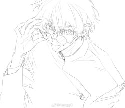 Rule 34 | 1boy, :p, adjusting eyewear, artist name, commentary, from above, gojou satoru, greyscale, hand on eyewear, highres, jujutsu kaisen, jujutsu tech uniform, kaicggo, lineart, long sleeves, looking at viewer, looking over eyewear, male focus, monochrome, popped collar, portrait, round eyewear, short hair, simple background, solo, symbol-only commentary, tongue, tongue out, very short hair, watermark, weibo watermark, white background