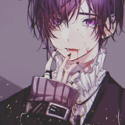1boy black_jacket blood blood_from_mouth blood_on_face ear_piercing earrings eyebrow_piercing eyes_visible_through_hair face_piercing fangs finger_piercing grey_background hair_over_one_eye jacket jewelry male_focus medium_hair necklace open_mouth original piercing portrait purple_eyes purple_hair ring shirt simple_background solo tobimarutobio9 tongue_piercing white_shirt