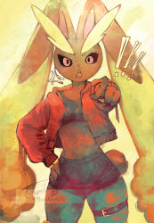 ! !! 1girl anger_vein animal_nose artist_name belt black_sclera black_shorts black_sports_bra blush body_fur bracelet breasts brown_fur colored_sclera cowboy_shot cropped_jacket dated female_focus furrowed_brow furry furry_female gen_4_pokemon hand_on_own_hip high-waist_shorts jacket jewelry light_blush long_animal_ears long_sleeves looking_at_viewer lopunny micro_shorts midriff navel nintendo open_mouth pointing pointing_at_viewer pokemon pokemon_(creature) rabbit_ears rabbit_girl rabbit_tail red_eyes red_jacket short_tail shorts signature small_breasts solo sports_bra standing stomach tail thick_thighs thigh_belt thigh_strap thighs thwillartz toned toned_female twitter_username two-tone_fur v-shaped_eyebrows yellow_background yellow_fur