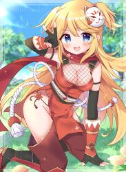 Rule 34 | 1girl, black gloves, blonde hair, blue eyes, breasts, cleavage, fishnet top, fishnets, flower ornament, fox mask, gloves, groin, highres, looking at viewer, mask, mask on head, medium breasts, ninon (oedo) (princess connect!), ninon (princess connect!), princess connect!, red scarf, scarf, side split, solo, two side up, v, yurufuwa milk