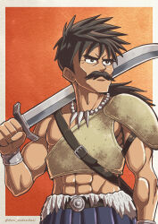 1boy abs absurdres armor belt black_facial_hair black_hair border bracelet brown_eyes cheekbones commentary_request dragon_quest dragon_quest_v facial_hair fushicho highres holding holding_sword holding_weapon jewelry looking_to_the_side male_focus mature_male muscular muscular_male mustache necklace orange_background papas partial_commentary pauldrons shoulder_armor single_pauldron solo spiked_hair sword tan tooth_necklace upper_body weapon white_border wrinkled_skin
