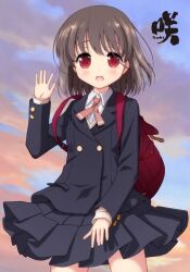 1girl :d arm_up backpack bag black_jacket black_skirt blazer breasts clothes_lift cloud collared_shirt copyright_name embarrassed flat_chest highres jacket long_sleeves medium_hair miniskirt neck_ribbon non-web_source open_mouth pink_ribbon pleated_skirt randoseru ribbon saki_(manga) school_uniform shiratsuki_shino shirt skirt skirt_lift skirt_tug smile solo thighs white_shirt wind wind_lift