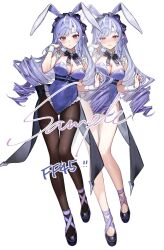 1girl animal_ear_hairband animal_ears black_pantyhose blush bodysuit bow bowtie breasts cleavage detached_collar drill_hair fake_animal_ears full_body gem hairband highres large_breasts leotard long_hair mole mole_under_eye pantyhose playboy_bunny pointy_ears purple_bodysuit purple_bow purple_bowtie purple_gemstone purple_hair purple_hairband rabbit_ear_hairband rabbit_ears red_eyes smilesmile1312 strapless strapless_leotard twin_drills vivian_banshee wrist_cuffs zenless_zone_zero