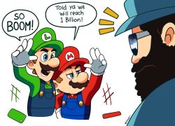 Rule 34 | 3boys, arms up, artist name, beard, black hair, blue eyes, blue hat, blue overalls, blue shirt, domestic maid, dropped object, eye contact, facial hair, foreman spike, glasses, gloves, green hat, green shirt, hat, highres, long sleeves, looking at another, luigi, mario, mario (series), mature male, multiple boys, mustache, nintendo, open mouth, overalls, phone, red hat, red shirt, shirt, short hair, speech bubble, the super mario bros. movie, white background, white gloves