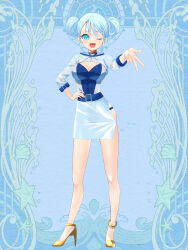 1girl :d belt blue_background blue_eyes blue_hair breasts cleavage cleavage_cutout clothing_cutout dairoku_ryouhei double_bun full_body hair_bun hand_on_own_hip high_heels highres medium_breasts noel_bouillard one_eye_closed open_mouth shoes side_cutout skirt smile solo yellow_shoes yurutw