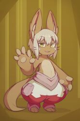 1other :3 animal_ear_fluff animal_ears animal_feet animal_hands arm_at_side blush_stickers bob_cut body_fur brown_background brown_fur brown_theme buck_teeth full_body furry green_eyes grey_hair hand_up happy highres horizontal_pupils kekitopu looking_at_viewer made_in_abyss nanachi_(made_in_abyss) open_mouth other_focus pants pawpads pocket puffy_pants red_pants ringed_eyes short_hair sidelocks smile solo standing tail teeth topless_other two-tone_fur waving whiskers