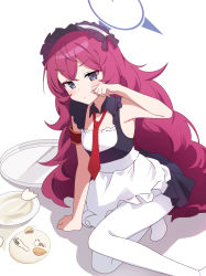 1girl absurdres accident apron arm_up armband armpits bare_arms bare_shoulders black_dress black_eyes blue_archive detached_collar dress frilled_dress frills frown halo highres iroha_(blue_archive) korean_commentary long_hair looking_at_viewer maid maid_apron maid_headdress necktie pantyhose parted_lips plate pn_(wnsl216) red_hair short_sleeves sleeveless sleeveless_dress solo tray v-shaped_eyebrows very_long_hair waist_apron white_pantyhose