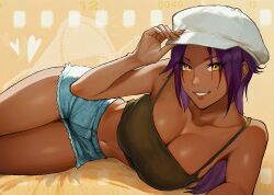 absurdres alternate_costume black_tank_top bleach blue_shorts breasts cleavage dark-skinned_female dark_skin denim denim_shorts hat highres large_breasts long_hair lying navel on_side parted_lips purple_hair shihouin_yoruichi short_shorts shorts sira_(si12o2) smile tank_top teeth white_hat yellow_background yellow_eyes