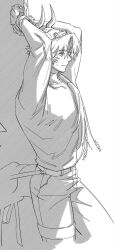 Rule 34 | 1boy, arknights, arms up, chongyue (alighting) (arknights), chongyue (arknights), closed mouth, cowboy shot, dragon boy, dragon horns, dragon tail, greyscale, hair over shoulder, highres, horns, long hair, looking to the side, low ponytail, male focus, monochrome, nills, own hands together, ponytail, simple background, smile, solo, tail, thigh strap, white background