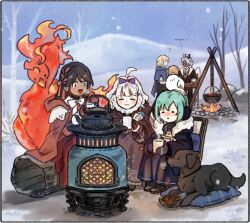 2girls ahoge asha_in_erinn bird brown_hair campfire cowenna cup dog eochaid_(mabinogi) green_hair grey_hair highres holding holding_cup long_coat mabinogi multiple_girls outdoors phoenix rowan_(mabinogi) winter winter_clothes