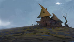 bare_tree cambocreation cloud cloudy_sky flock hill house hut moon no_humans original painterly ruins sky tree watermark