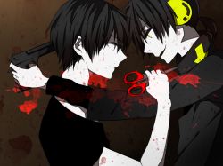 2boys bad_id bad_pixiv_id black_hair blood dark_konoha gun gun_to_head headphones holding holding_gun holding_weapon hood hoodie kagerou_project kisaragi_shintarou konoha_(kagerou_project) multiple_boys open_mouth ponytail red_eyes scissors short_hair short_ponytail smile tadano_yukiko vocaloid weapon yamaha yellow_eyes