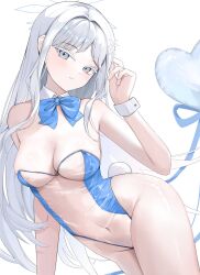 1girl alternate_costume balloon blue_archive blue_bow blue_bowtie bow bowtie breasts cleavage covered_navel detached_collar grey_eyes groin hair_intakes hair_ornament halo head_tilt heart_balloon highres leotard long_hair medium_breasts nagusa_(blue_archive) pantyhose playboy_bunny rabbit_tail see-through_clothes see-through_leotard shawn358 sidelocks simple_background snowflake_hair_ornament solo tail white_background white_hair white_halo white_pantyhose wrist_cuffs